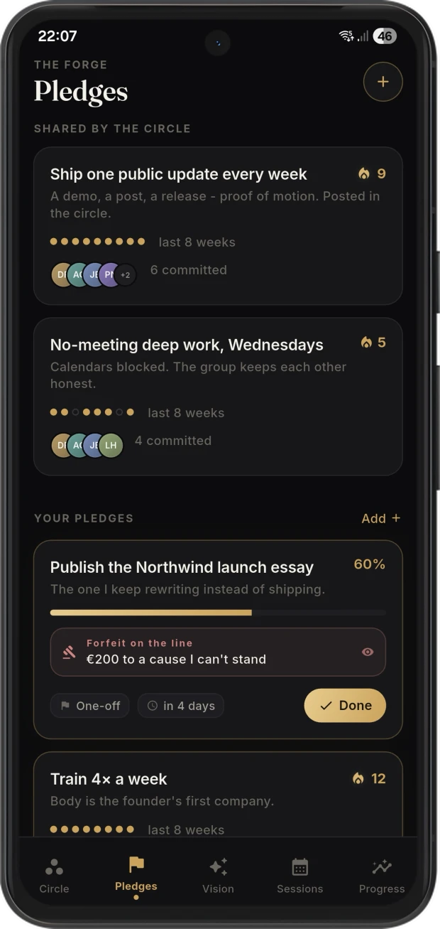 Pledge commitments screen showing streaks and stakes