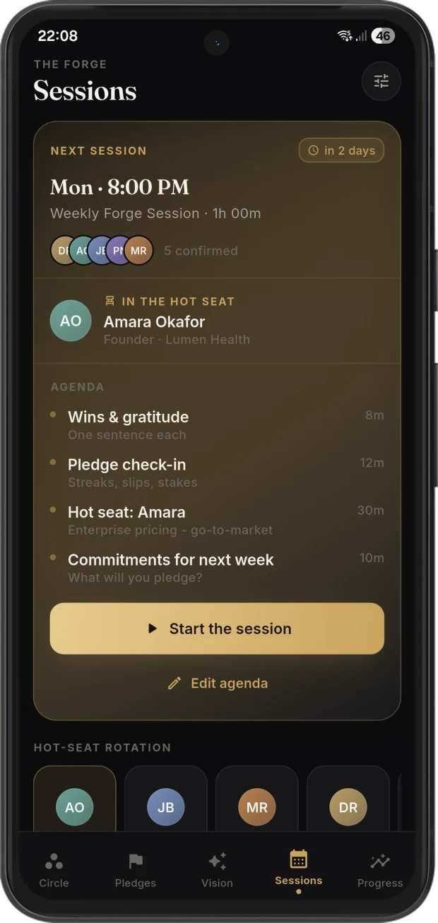 Weekly session screen with agenda and timer